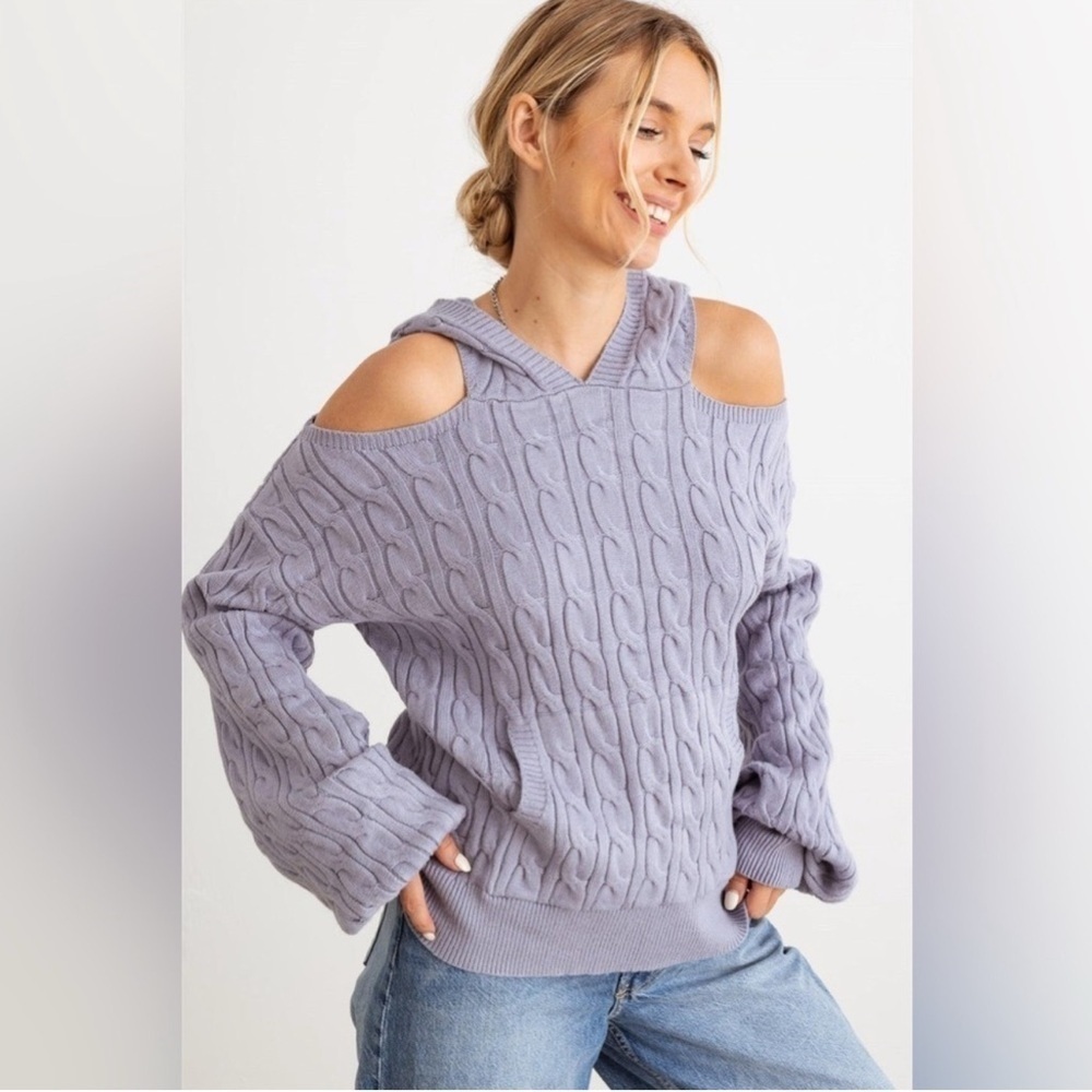 36 Point 5 -Slate Cable Knit Cold Shoulder
Hooded Sweater